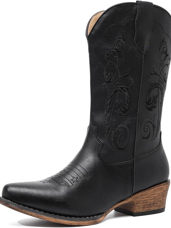 Shoes - Women's Black Western Mid Boots Embroidered Cowgirl Boots Ladies Pointy Toe